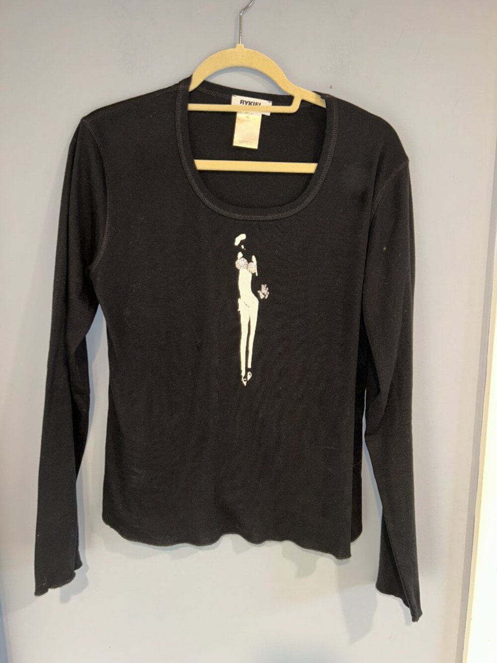Sonia Rykiel Rhinestone Embellished black Long Sleeve Cotton Top, XL Women
